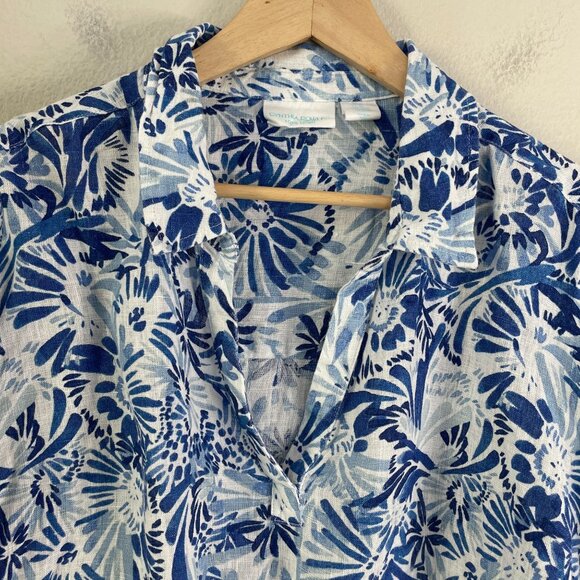 Cynthia Rowley Womens Plus 2X Blue White Floral 100% Linen Button Up Shirt - Picture 7 of 10